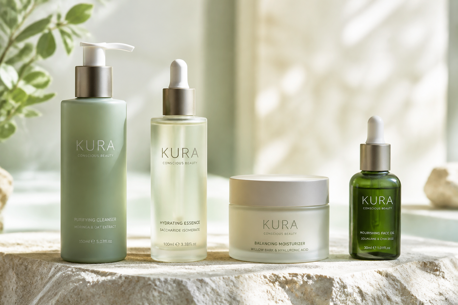 KURA Morning Ritual Kit arranged on pale stone