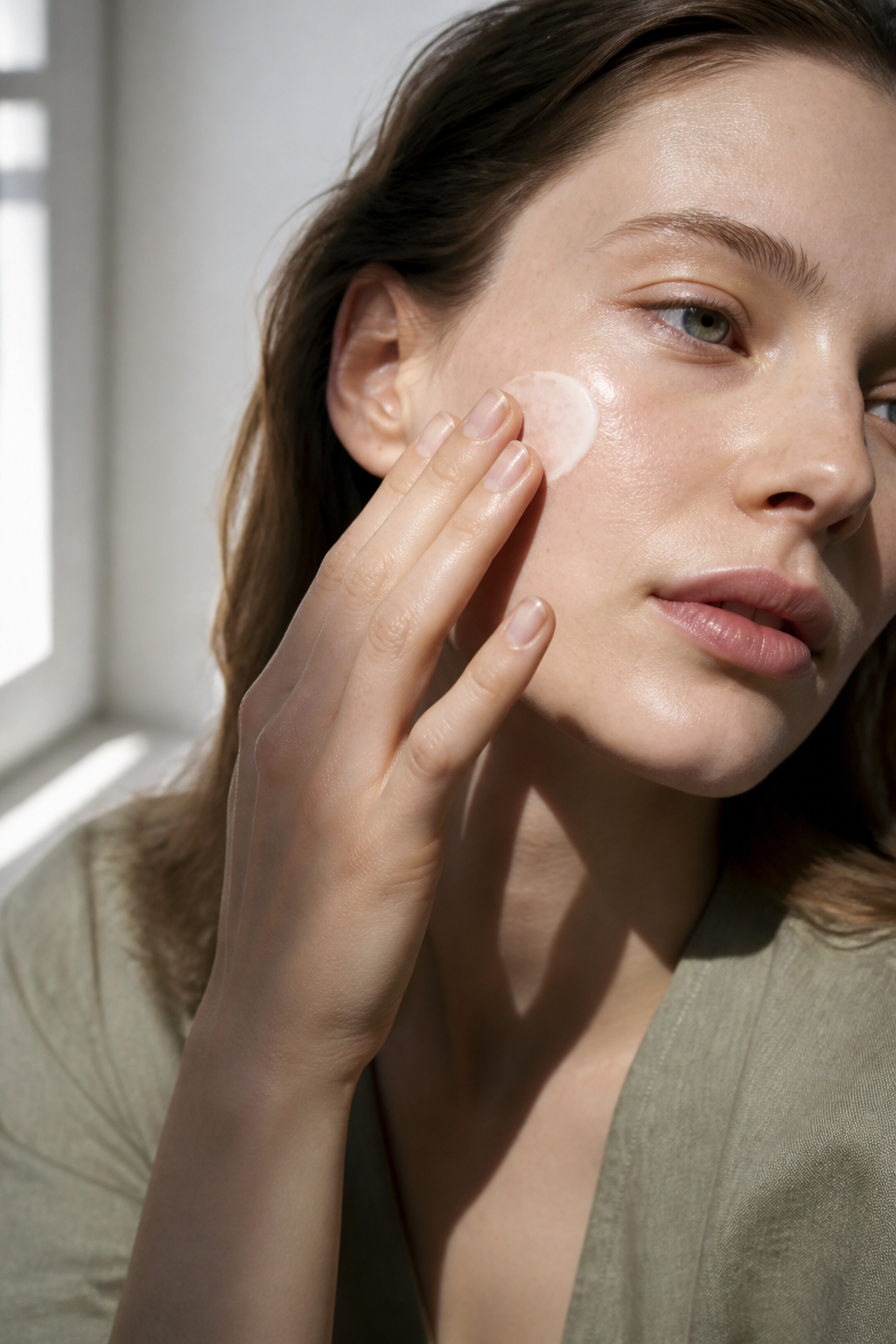 Hands applying a light cream near a sunlit window